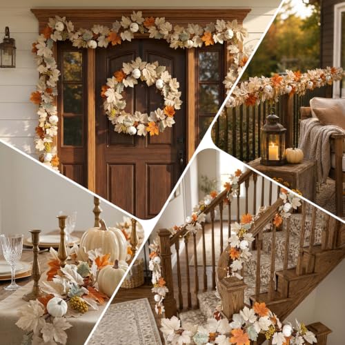2 Pack Fall Garland with Pumpkins and Berries – 6ft Artificial Maple Leaf Garlands with Cream and Orange Leaves for Thanksgiving, Fireplace, Front Door, Farmhouse Autumn Decorations