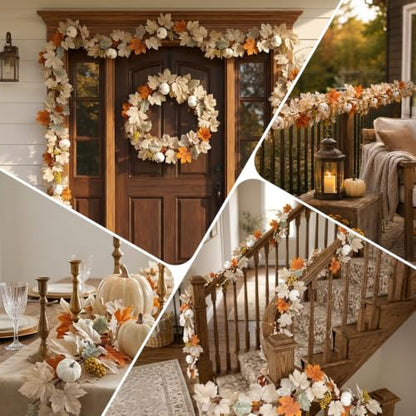 2 Pack Fall Garland with Pumpkins and Berries – 6ft Artificial Maple Leaf Garlands with Cream and Orange Leaves for Thanksgiving, Fireplace, Front Door, Farmhouse Autumn Decorations