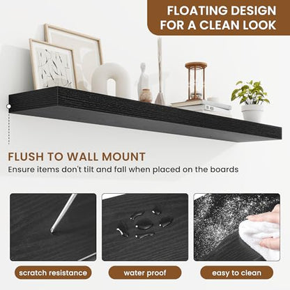 Floating Shelves for Wall, Wall Mounted Wood Shelves, Black, Set of 2, 48in - color: Black, size: 48"W x 6.5"D , 2 Pack