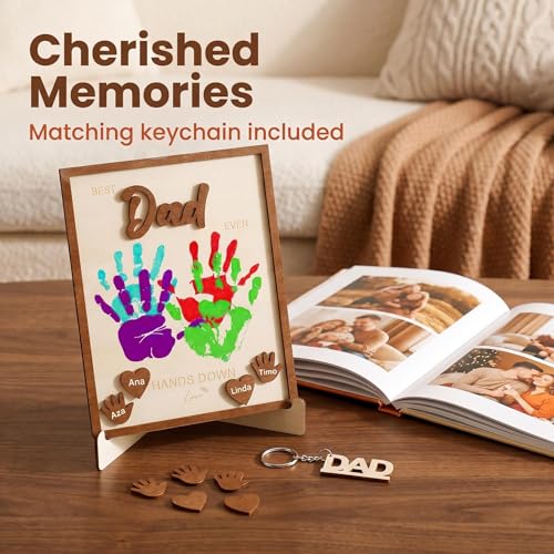 10" Best Dad Ever Hands Down DIY Frame Hand Print Kits, Personalized Father Day Craft for Dad from Kids, Family Handprint Keepsake for Daddy, Papa from Son Daughter - color: Brown