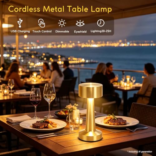 HPUFKOT Portable LED Table Lamp, 3-Levels Brightness Metal Desk Lamp,3 Color Touch Control RechargeableLamp, Ideal Bedside Lamp for Nightstand, Bedroom,Living Room (Light Golden) - color: Light Golden