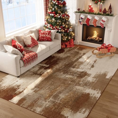 Kelarea Washable Area Rug 5x7, Non-Slip Low Pile Abstract Brown - color: Brown, size: 5' x 7' (Rectangular)