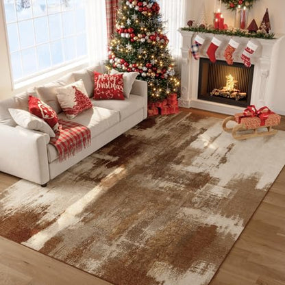 Kelarea Washable Area Rug 9x12, Non-Slip Low Pile Abstract Brown - color: Brown, size: 9' x 12' (Rectangular)