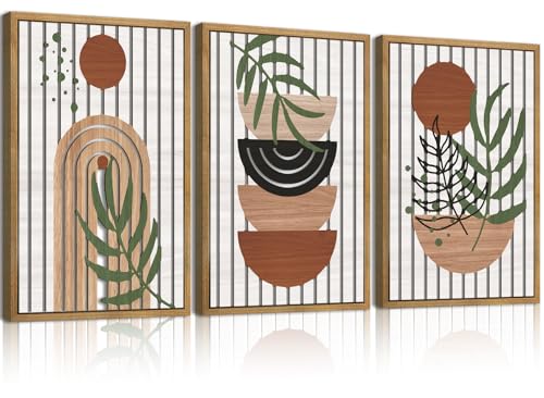DRACIT Large Boho Mid Century Wooden Framed Canvas Wall Art Set-16"x24"×3 - color: 3D Boho Mid Century Wooden Decor