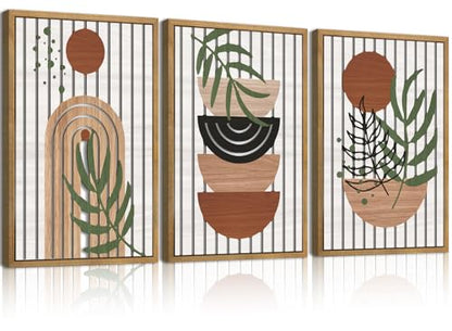 DRACIT Large Boho Mid Century Wooden Framed Canvas Wall Art Set-16"x24"×3 - color: 3D Boho Mid Century Wooden Decor