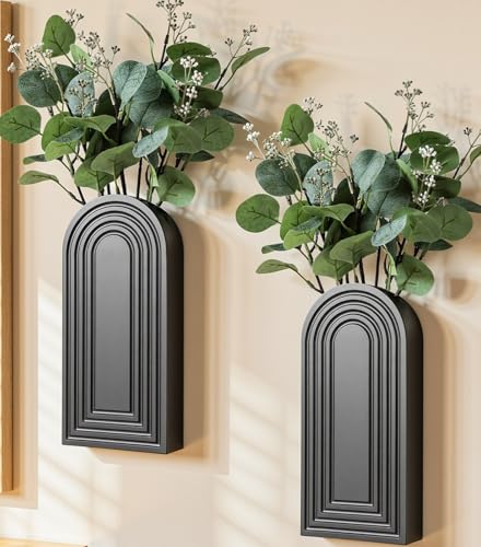 DREAMLOOM 2 Pack Wooden Wall Vases with Fake Plants, Wall Hanging Planters Boho Modern Farmhouse Indoor for Narrow Spaces Entryway Bathroom Home Office Decoration, Black - color: C-black