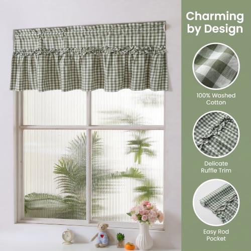 Silnuo Sage Green/White Plaid Gingham Ruffle Window Valance 52" W x 18" L - color: Green, size: 52"W x 18"L (Pack of 1)