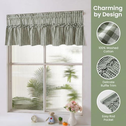 Silnuo Sage Green/White Plaid Gingham Ruffle Window Valance 52" W x 18" L - color: Green, size: 52"W x 18"L (Pack of 1)