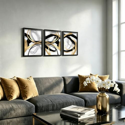 LYYGLYY 3Pcs Black Framed Black Gold and White Canvas Wall Art 12x16 Inches - color: Black Frame Dancing Lines, size: 12x16 Inches