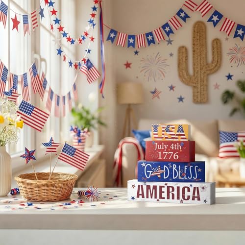 Smile 4th of July 250th Anniversary Wooden Block Stack with USA Decor, 4-Piece Patriotic Tiered Tray Decor for Independence Day & Memorial Day - style: 250