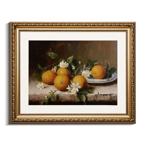 VIYYIEA Gold Framed Vintage Fruit Canvas Wall Art Still Life, 13×16 Inch - color: Orange platter, size: 16"L x 13"W