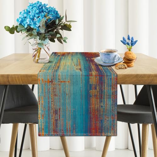 Small Table Runner Vintage Abstract Blue and Orange Table Runner Messy Rust Painting Farmhouse Coffee Table Runners for Kitchen Dining Table Home Decor 36" - color: Blue Orange, size: 13"x 36"