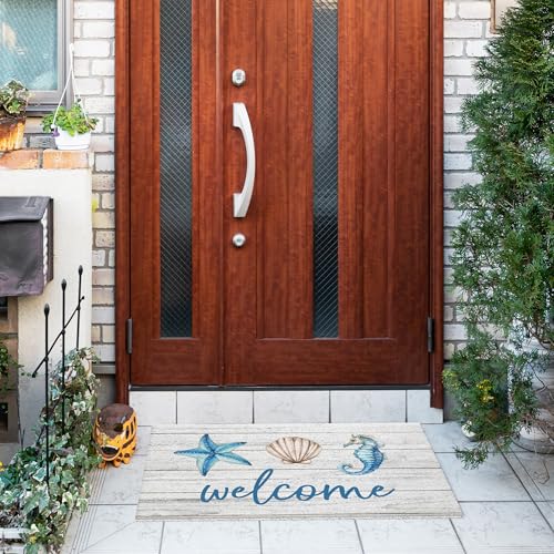 Jvpke White Beach Welcome Mat for Front Door, Beach Door Mat, Starfish Seashell Seahorse Beachy Door Mats Indoor Outdoor Entrance Porch, Ocean Beachy Baths Mats for Bathroom, 17x30 Inches - color: Beach Welcome White