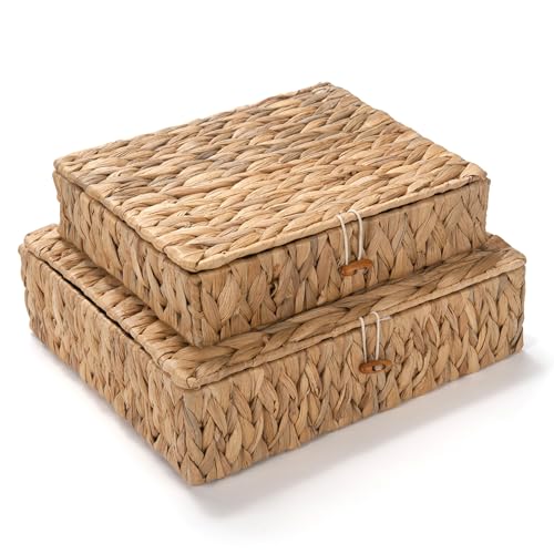 Wicker Storage Basket with Lid, Flat Water Hyacinth Baskets, Shallow Woven Basket for Shlef, Decorative Storage Boxes for Organizing