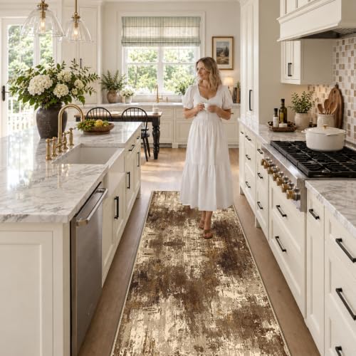 RELEANY Washable Runner 2'x8' Abstract Area Rug for Hallway Brown Tan - color: Brown/Tan, size: 2' x 8' (Runner)