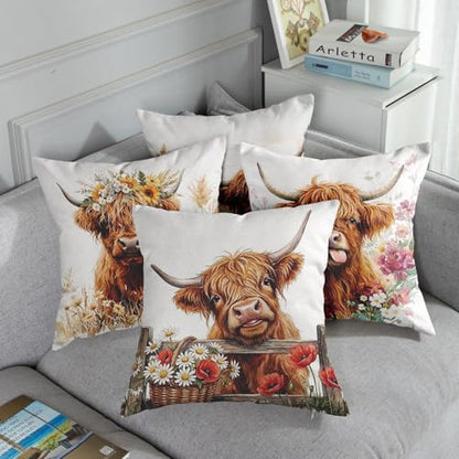 Throw Pillow Covers, Highland Rustic, Set of 4, 18"x18" - color: Highland Cow 2
