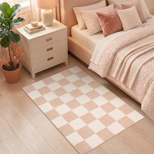 GarveeHome Checkered Blush Beige 2x3 Washable Rug Low-Pile Small Door Mat - color: Blush Beige, size: 2' x 3' (Rectangular)