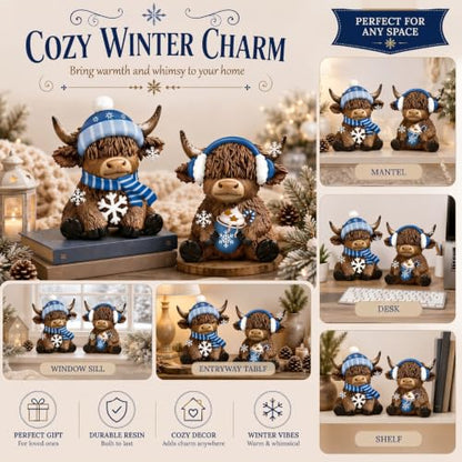 Karenhi 2 Pcs Highland Cow Figurines Resin Winter Decor for Tabletop - style: Winter