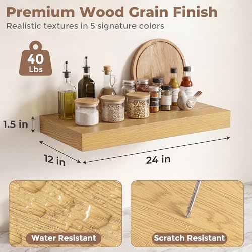 Venusmiles 12 inch Deep Floating Shelves for Wall, 24" Wide, Oak, 2-Pack - color: Oak Finish, size: 24"w x 12"d, 2p