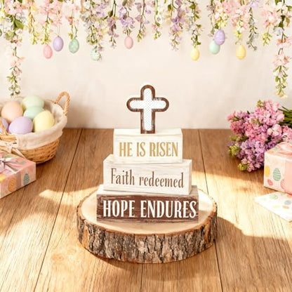 Easter Decorations - He Is Risen Cross Tiered Tray Decor - Faith Redeemed Religious Wooden Tabletop Sign - Farmhouse Easter Christian Home Decor Indoor - Spring Home Decor for Living Room, Kitchen Counter, Seasonal Farmhouse Display - style: Cross