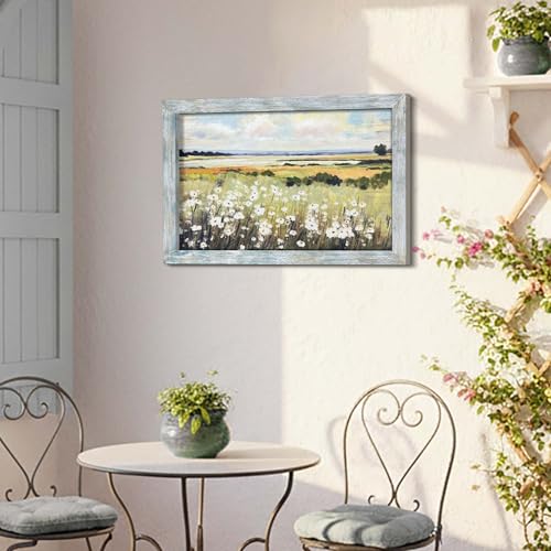 summer melody Landscape Floral Scenery Framed Wood Wall Art 36x24 Inch - color: Green, size: 36"L x 24"W