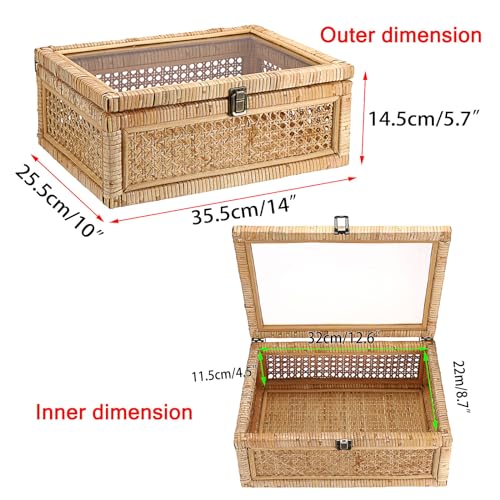 Hipiwe Vintage Decorative Box with Clear Lid Rattan and Wood Display Boxes - color: Natural Color, size: Large, 14"x10"x5.7"