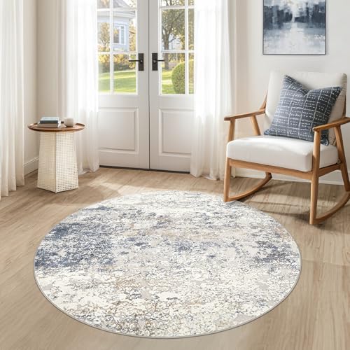 DMOYEST 4ft Round Area Rug Living Room Rugs - 4x4 Washable Large Soft Indoor Neutral Modern Abstract Low Pile Rug Carpet for Bedroom Dining Room Farmhouse Home Office - Beige Blue - color: Beige Blue, size: 4' (Round)
