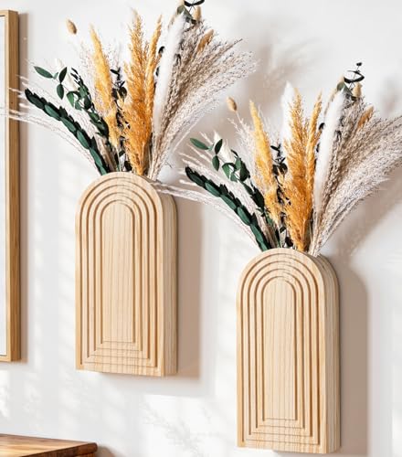 DREAMLOOM 2 Pack Wooden Wall Vases with Dried Pampas Grass and Eucalyptus Plants, Wall Hanging Planters Boho Modern Farmhouse Indoor for Narrow Spaces Entryway Bathroom Home Office Decoration, Retro - color: B-retro