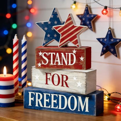4th of July Table Decorations Patriotic Memorial Day Tiered Tray Decor Wooden Stars Block Signs Independence Farmhouse 250th July Fouth Centerpiece for Tables Wooden Sign for Home Decor - style: July 4th Stars