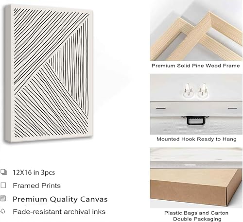 LAJDXSX 3 Pcs Minimalism Abstract Boho Lines Canvas Wall Art - color: Black Lines, size: 12x16in-Canvas
