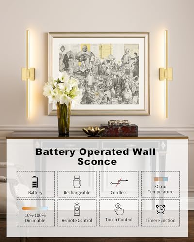Rayogale Gold Battery Operated Wall Sconces with Remote Control - color: Gold, size: 24 Inch(2 Pack)