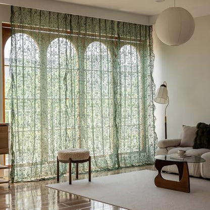 TUDECO Green Lace Curtains 96 Inch Long, Embroidered Floral Sheer 2 Panels - color: Olive Green, size: 59"W x 96"L (Pack of 2)