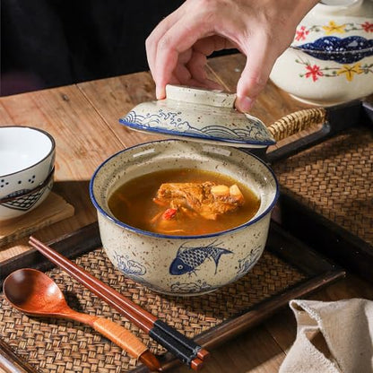 VanEnjoy Microwavable Ramen Bowl with Lid, 25 Oz Japanese Bowl Big Ceramic Japanese Soup Bowl with Lid, Korean Clay Pot - fish - color: fish