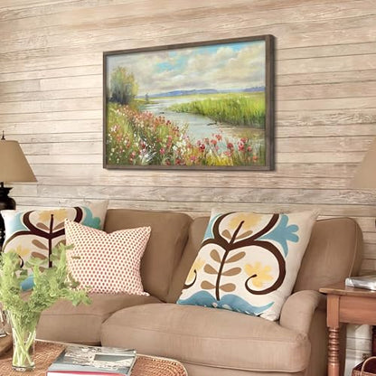 HILL WEST Rustic Landscape Painting Lake Framed Wood Wall Art, 36x24inch - color: Stream, size: 36"L x 24"W