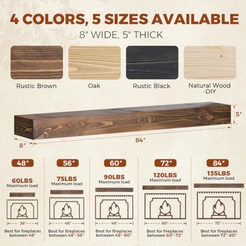84x8x5in Pine Wood Fireplace Mantel Shelf, Weathered Brown - color: Weathered Brown, size: 84x5x8-hollow