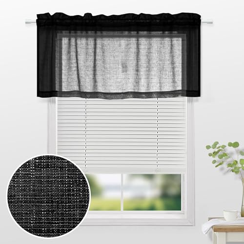 KOUFALL Black Valances for Windows,Sheer Gauze Lace Look Valance Curtains for Kitchen Living Room Bathroom,18 Inch Length - color: Black