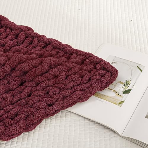 WESHIONGOO Chunky Knit Blanket Throw for Couch Bed 40"×40" Burgundy Red - color: Burgundy Red, size: 40"x40"(Small Size Throw)
