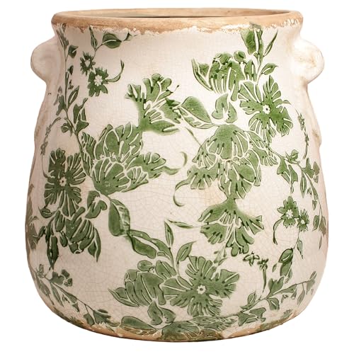 Ceramic Flower Vase, Cottagecore Vases & Planting Pots with Drainage - color: Ivory Green Floral