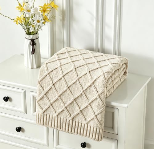 CREVENT Farmhouse Boho Knitted Throw Blanket for Couch Sofa Chair Bed Home Decoration, Soft Warm Cozy Light Weight for Spring Summer Fall (60''X80'' Chenille Ivory) - color: Chenille Ivory, size: 60inchx80inch
