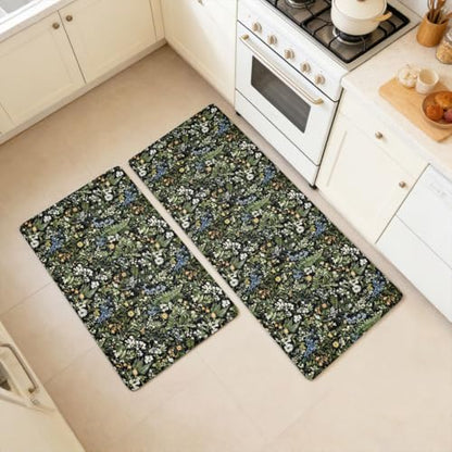 Feelyou Black Green Botanical Blossom Flowers Kitchen Rugs 2PCS - color: Black Green