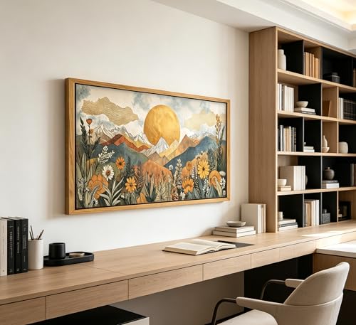 Vintage Framed Large Abstract Mountain Wall Art,Horizontal Boho Nature Landscape Canvas Print,Daisy Sun and Flowers Picture Poster,Japanese Orange Painting Artwork for Bedroom Living Room Office - color: Mountain, size: 32"L x 16"W