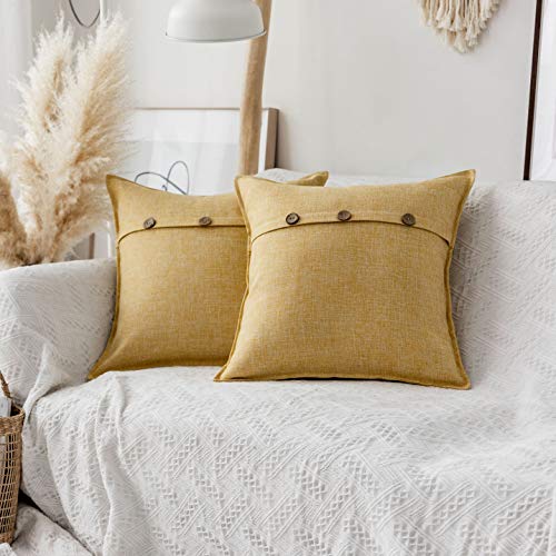 Home Brilliant Burlap Lined Linen Decorative Pillow Covers Farmhouse Triple Button Throw Pillow Covers for Couch Decor, 2 Pack, 18x18 inch(45x45cm), Yellow - color: Yellow, size: 18" x 18" (Pack of 2)