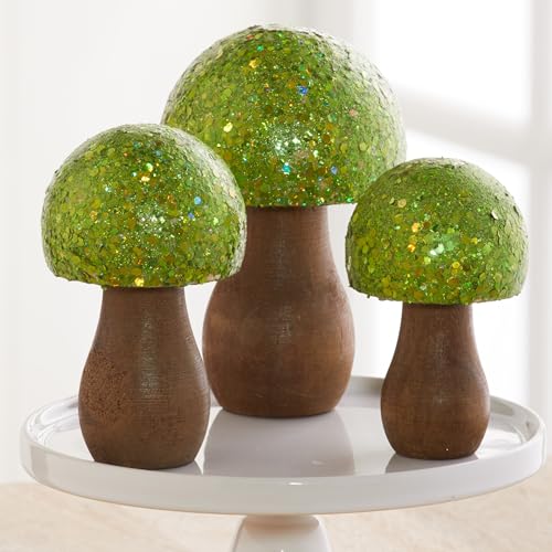 Your Heart's Content Green Glitter Mushrooms, Set of 3 (Green) - color: Green Glitz 3