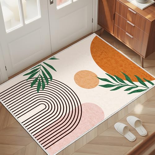 Boho Entryway Rug 2x3 Area Rug Orange Abstract Modern Thin Door Mat Non Slip Washable Small Floor Mat Carpet for Entrance Porch Indoor Outdoor (Orange, 2' x 3') - color: Orange, size: 2' x 3' (Rectangular)