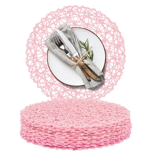 AHHFSMEI Paper Braided Round Placemats Set of 12 Natural Non-Slip Heat Resistant Table Mats for Dining Tables Woven Indoor Outdoor Place mats(Pink) - color: Pink