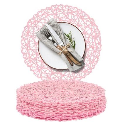 AHHFSMEI Paper Braided Round Placemats Set of 12 Natural Non-Slip Heat Resistant Table Mats for Dining Tables Woven Indoor Outdoor Place mats(Pink) - color: Pink