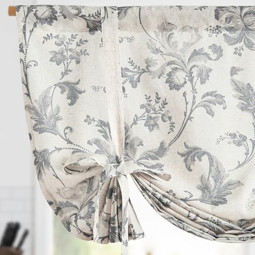 jinchan Linen Blend Kitchen Valance Curtain, Tie up, 42x54, 1 Panel, Grey - color: Botanical | Grey on Linen, size: 42"W x 54"L (Pack of 1)