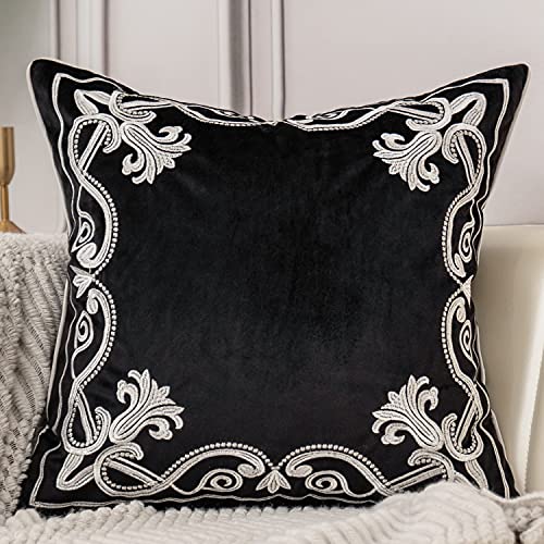 Aeckself European Floral Pillow Cover 20x20 Inch, Luxury Velvet Embroidered Decorative Throw Pillow Cover for Couch Bedroom Living Room, Black and White - color: Black, size: 20" x 20" (Pack of 1)