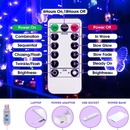 Butterfly Curtain Fairy Lights USB Plug in,8 Modes 120 LED 20FT Firefly Twinkle Timer String Lights with Remote, Waterproof Copper Wire for Bedroom Patio Christmas Wedding Party(Blue) - color: Blue