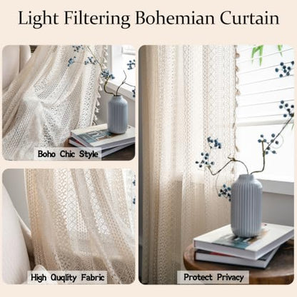 Sutuo Home Beige Boho Lace Sheer Curtains 84 inches Long,Crochet Macrame Semi-Sheer Bohemian Drape with Tassels, Cream Farmhouse Window Curtains for Living Room & Bedroom, 1 Panel 59" W,Rod Pocket - color: Beige Crochet, size: 59"W x 84"L (Pack of 1)